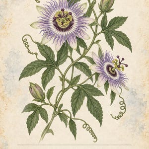 May include: A botanical illustration of a Passiflora incarnata plant featuring complex purple and white flowers, green leaves, and curling tendrils. The text reads HERBARIO PLANTAS MEDICINALES 09/40, PASIFLORA Passiflora incarnata, and a descriptive sentence.