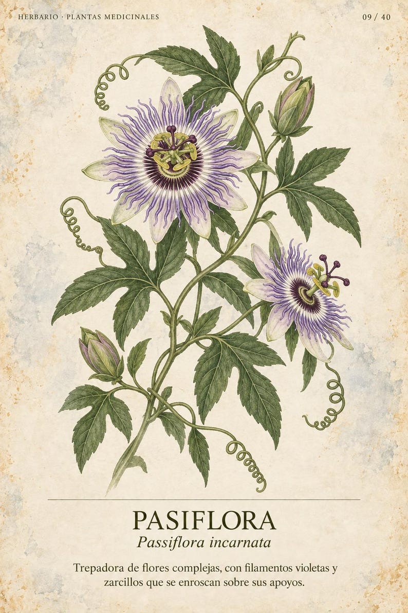 May include: A botanical illustration of a Passiflora incarnata plant featuring complex purple and white flowers, green leaves, and curling tendrils. The text reads HERBARIO PLANTAS MEDICINALES 09/40, PASIFLORA Passiflora incarnata, and a descriptive sentence.