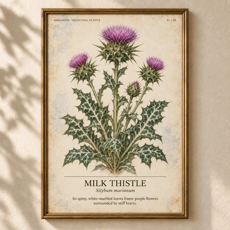 May include: A framed botanical print featuring a milk thistle plant with purple flowers and spiny, white-marbled green leaves. The text reads HERBARIUM MEDICINAL PLANTS 31/40, MILK THISTLE, Silybum marianum, and a description of the plant's features.