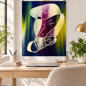 May include: A rectangular wall art print featuring an abstract composition with a dark blue, purple, and yellow vertical brushstroke background. A continuous, thin, light-colored line forms an organic, face-like shape in the center.