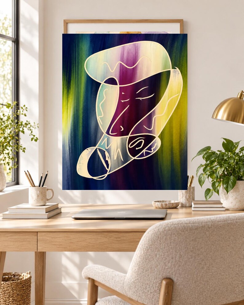 May include: A rectangular wall art print featuring an abstract composition with a dark blue, purple, and yellow vertical brushstroke background. A continuous, thin, light-colored line forms an organic, face-like shape in the center.