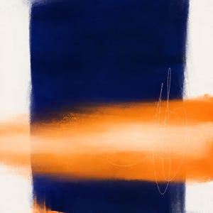 K&ouml;nnte beinhalten: Ein rechteckiges abstraktes Gem&auml;lde mit einem gro&szlig;en, vertikalen dunkelblauen Block, der auf einem wei&szlig;en Hintergrund zentriert ist. Ein horizontaler Streifen aus leuchtend orangefarbener Farbe kreuzt den blauen Bereich, &uuml;berlagert von d&uuml;nnen, wei&szlig;en, handgezeichneten kreisf&ouml;rmigen Kritzeleien.