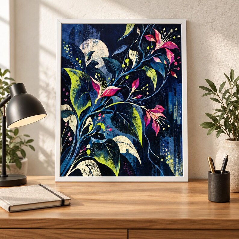 May include: A framed wall art print featuring a stylised botanical illustration with vibrant pink flowers and deep green leaves set against a dark blue background. A pale circular moon shape is visible in the upper left corner of the composition.