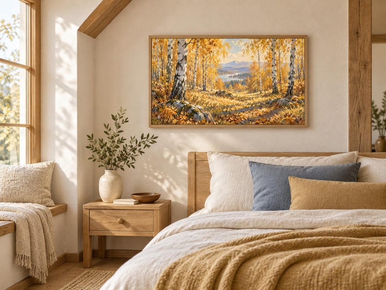 Pu&ograve; includere: Un dipinto paesaggistico rettangolare in una cornice di legno chiaro che raffigura una foresta di betulle con foglie autunnali dorate, una radura erbosa e montagne lontane sotto un cielo luminoso, montato su una parete sopra un letto in legno.