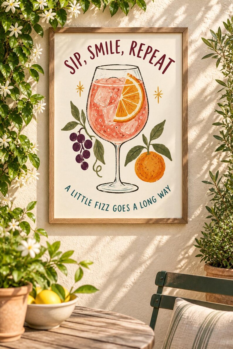 Op de afbeelding: Een ingelijste kunstprint met een glas roze cocktail met ijs en een schijfje sinaasappel. De tekst luidt bovenaan SIP, SMILE, REPEAT en onderaan A LITTLE FIZZ GOES A LONG WAY. Illustraties van paarse druiven en een sinaasappel zijn inbegrepen.
