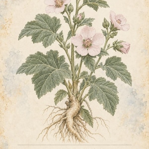 Pode incluir: Uma ilustra&ccedil;&atilde;o bot&acirc;nica da planta Althaea officinalis, com flores rosa-p&aacute;lido, folhas verdes serrilhadas e ra&iacute;zes grossas. O texto diz HERBARIO PLANTAS MEDICINALES 26/40, MALVAVISCO Althaea officinalis e Planta de hojas aterciopeladas.