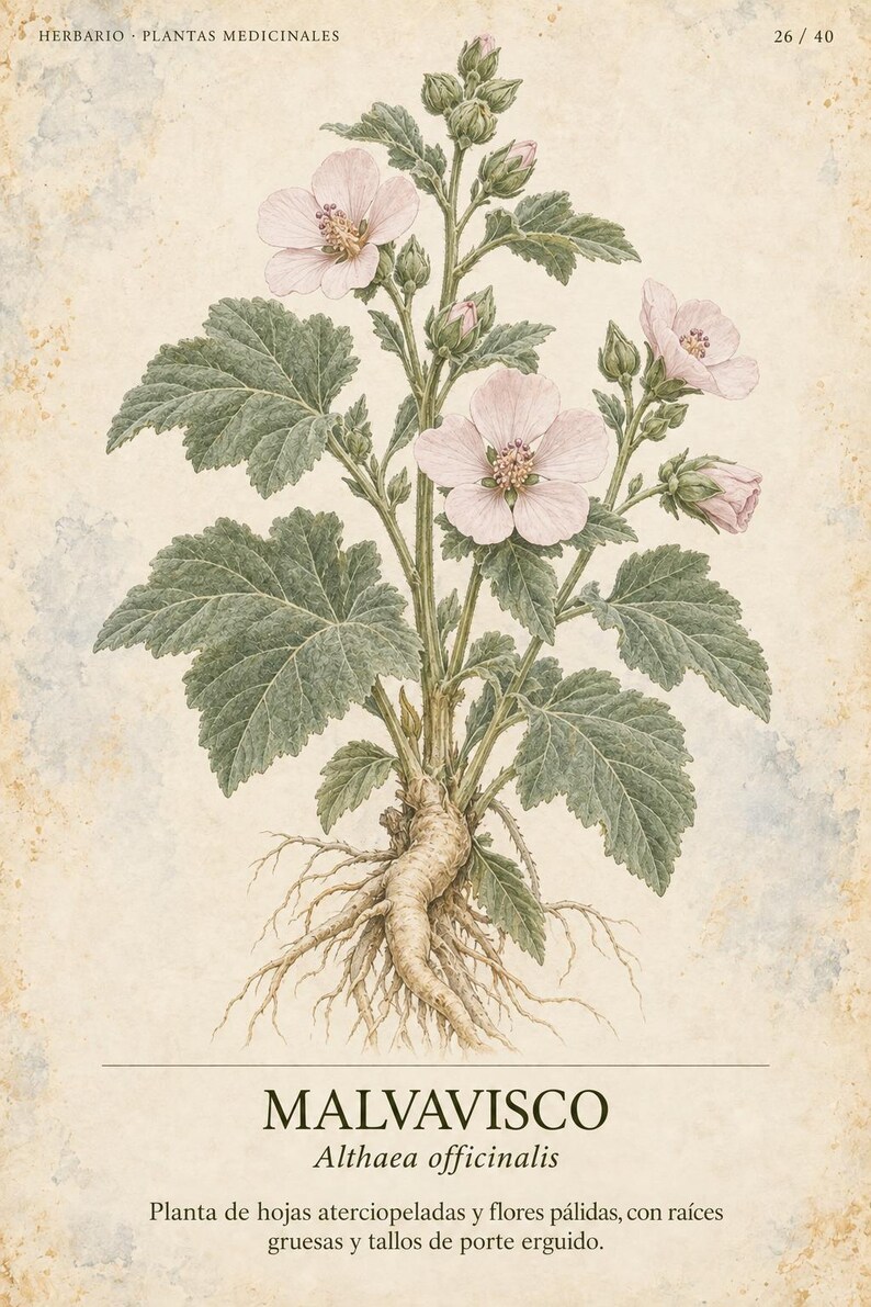Pode incluir: Uma ilustra&ccedil;&atilde;o bot&acirc;nica da planta Althaea officinalis, com flores rosa-p&aacute;lido, folhas verdes serrilhadas e ra&iacute;zes grossas. O texto diz HERBARIO PLANTAS MEDICINALES 26/40, MALVAVISCO Althaea officinalis e Planta de hojas aterciopeladas.