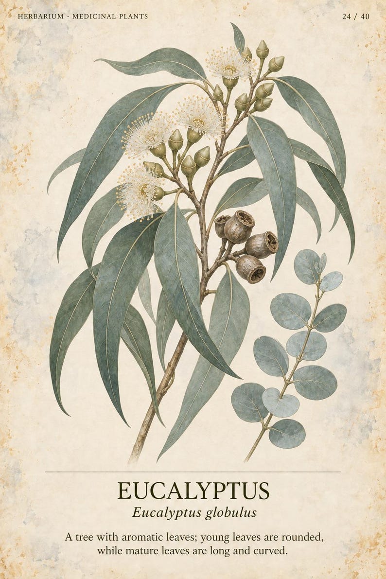 Op de afbeelding: Een botanische illustratie van een eucalyptusplant op verouderd papier. De tekst luidt HERBARIUM MEDICINAL PLANTS 24/40, EUCALYPTUS, Eucalyptus globulus, en een beschrijving van de bladeren. Het toont lange groene bladeren, witte bloemen en houtachtige zaaddozen.