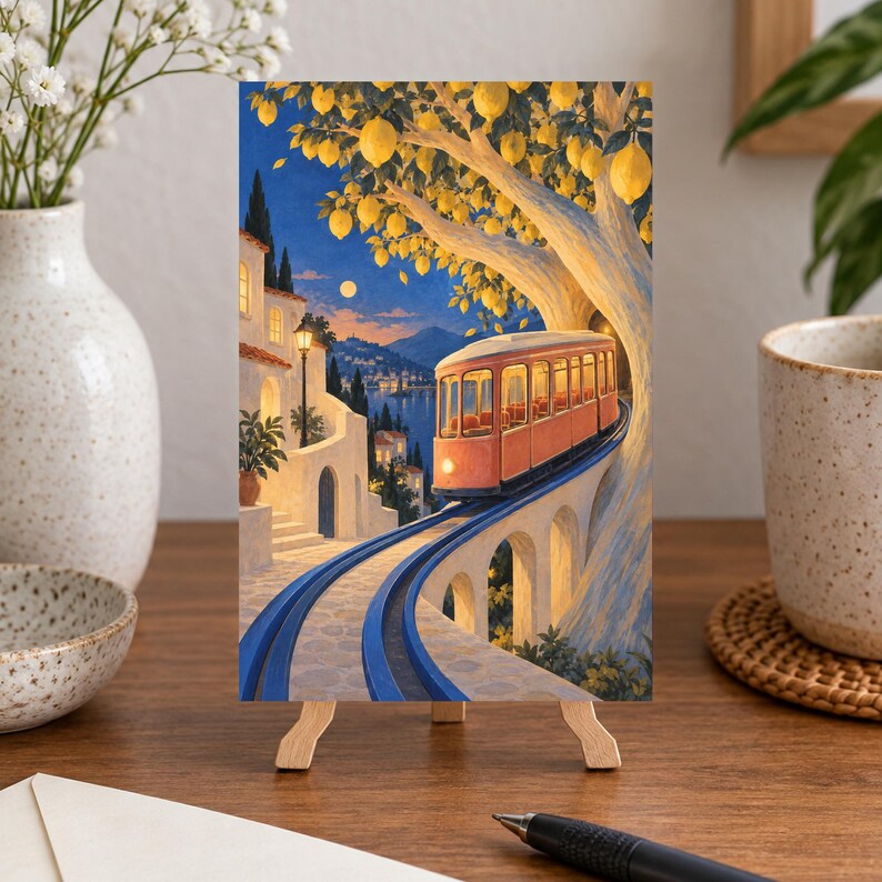 K&ouml;nnte beinhalten: Ein rechteckiger Kunstdruck auf einer Holzstaffelei zeigt eine korallenfarbene Stra&szlig;enbahn, die in der D&auml;mmerung auf blauen Schienen durch eine K&uuml;stenstadt f&auml;hrt. Ein gro&szlig;er Zitronenbaum mit gelben Fr&uuml;chten w&ouml;lbt sich &uuml;ber die Bahn, im Hintergrund wei&szlig;e Geb&auml;ude.