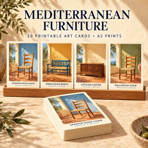 May include: A set of 20 printable art cards titled MEDITERRANEAN FURNITURE, featuring images of a Spanish rush chair, Andalusian bench, Catalan coffer, and Mallorcan chair. The cards are displayed in a wooden stand with a stack of cards in front.