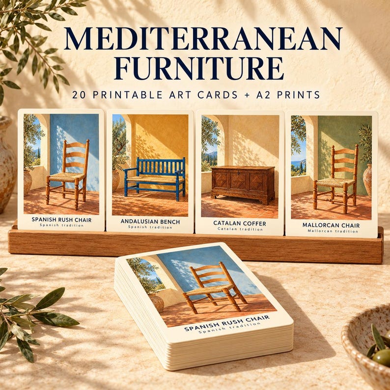 May include: A set of 20 printable art cards titled MEDITERRANEAN FURNITURE, featuring images of a Spanish rush chair, Andalusian bench, Catalan coffer, and Mallorcan chair. The cards are displayed in a wooden stand with a stack of cards in front.