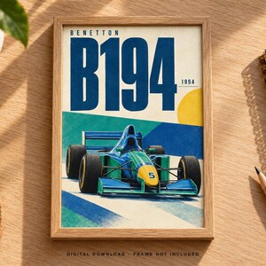 May include: A framed poster featuring a Benetton B194 Formula 1 race car in blue, green, and yellow. The text reads Benetton B194 1994 with the number 5 on the nose cone. The car is depicted on a stylized track with a yellow sun in the background.