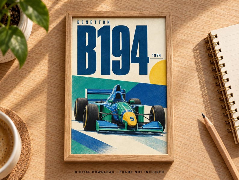 May include: A framed poster featuring a Benetton B194 Formula 1 race car in blue, green, and yellow. The text reads Benetton B194 1994 with the number 5 on the nose cone. The car is depicted on a stylized track with a yellow sun in the background.