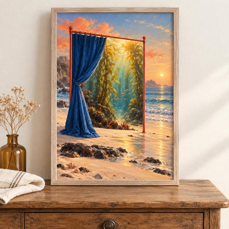 Op de afbeelding: Een ingelijste muurkunstprint met een surrealistisch strandtafereel waarbij een hoog, oranje metalen frame in het zand staat. Een diepblauw gordijn hangt aan het frame en onthult een zonnig kelpbos en oceaangolven onder een levendige zonsondergang.