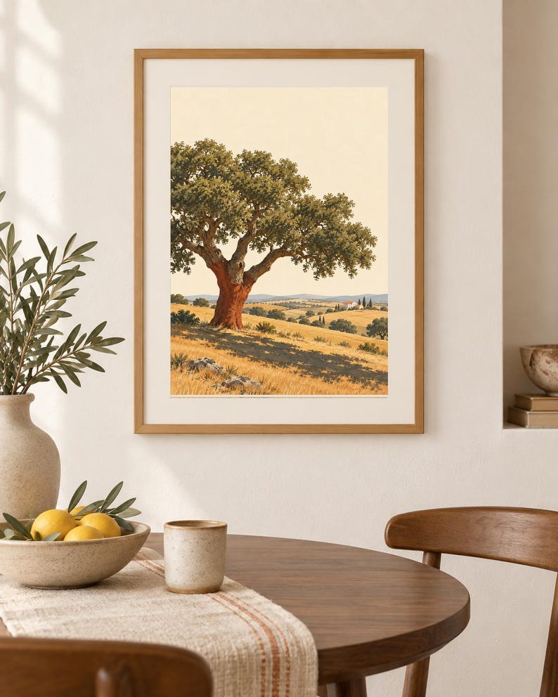 Op de afbeelding: Een ingelijste wandkunstprint met een landschapsillustratie van een grote kurkeik met een roodbruine stam in een goudkleurig veld. De sc&egrave;ne bevat glooiende heuvels, bomen in de verte en een klein wit gebouw onder een bleke lucht.