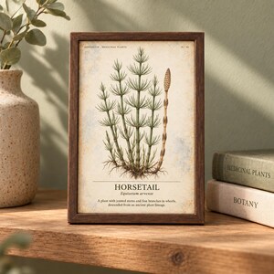 May include: A framed botanical print featuring a detailed illustration of a horsetail plant, Equisetum arvense. The print includes the text 'HERBARIUM MEDICINAL PLANTS', 'HORSETAIL', 'Equisetum arvense', and a description of the plant's lineage.