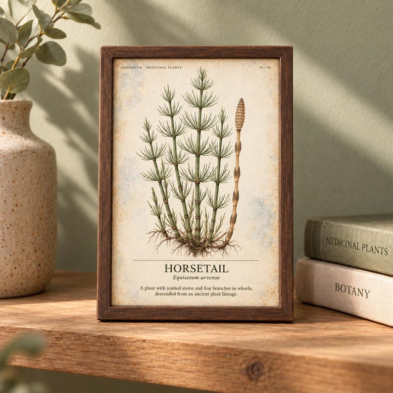 May include: A framed botanical print featuring a detailed illustration of a horsetail plant, Equisetum arvense. The print includes the text 'HERBARIUM MEDICINAL PLANTS', 'HORSETAIL', 'Equisetum arvense', and a description of the plant's lineage.
