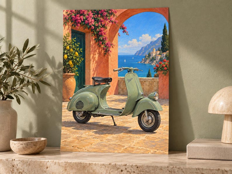 Pu&ograve; includere: Una stampa artistica rettangolare da parete che raffigura uno scooter vintage verde salvia parcheggiato su un patio in pietra. La scena include un arco in terracotta, un albero di limoni in vaso e una vista costiera con mare blu e montagne.