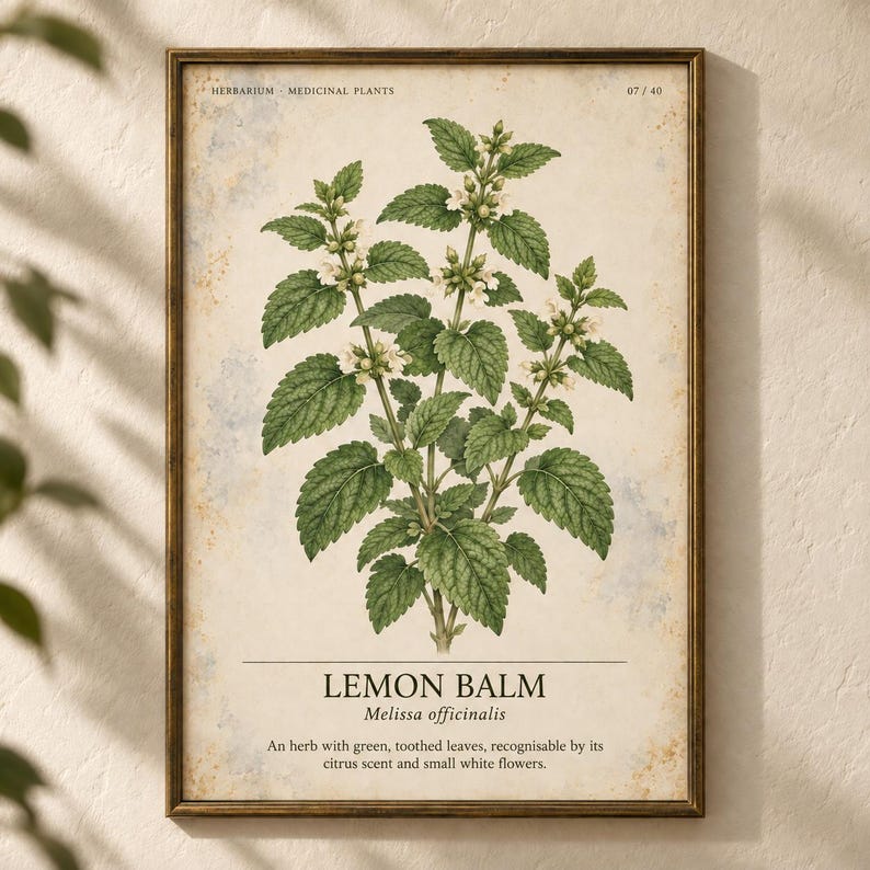 May include: A framed botanical print featuring a detailed illustration of a lemon balm plant with green leaves and small white flowers. The text reads HERBARIUM MEDICINAL PLANTS 07/40, LEMON BALM, Melissa officinalis, and a descriptive sentence.