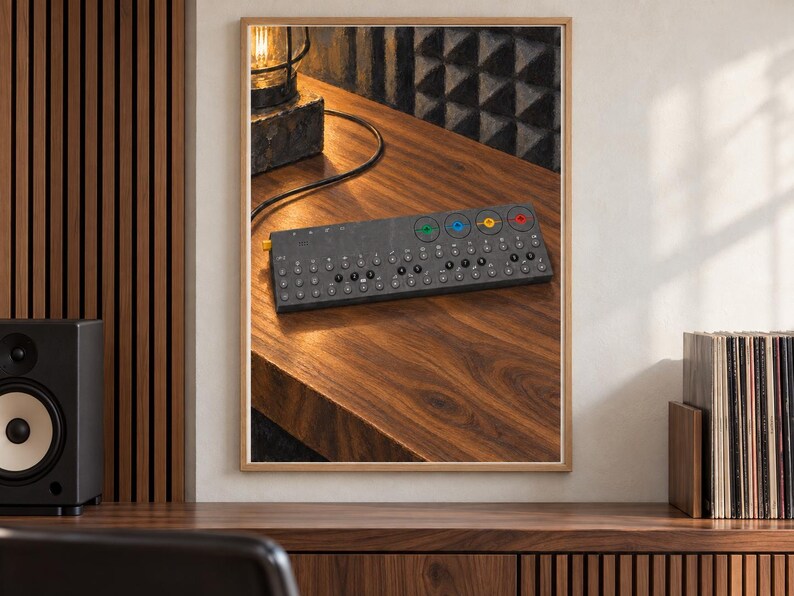 Op de afbeelding: Een rechthoekige donkergrijze elektronische synthesizer met een raster van ronde knoppen en vier opvallende gekleurde draaiknoppen in groen, blauw, geel en rood. Het apparaat wordt weergegeven in een houten lijst en toont de interface.