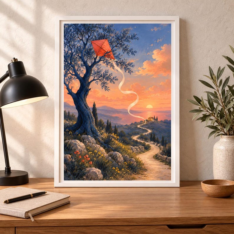 Pu&ograve; includere: Una stampa artistica paesaggistica incorniciata che mostra un tramonto vibrante su un sentiero tortuoso che conduce a una casa in lontananza. Un aquilone rosso &egrave; impigliato tra i rami di un grande albero in primo piano, con rocce e fiori.