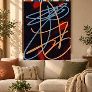 May include: A rectangular wall art piece featuring a dark background with a deep red geometric pattern. Overlaid are bold, sweeping hand-drawn lines in light blue and gold, creating an abstract composition within a thin wooden frame.