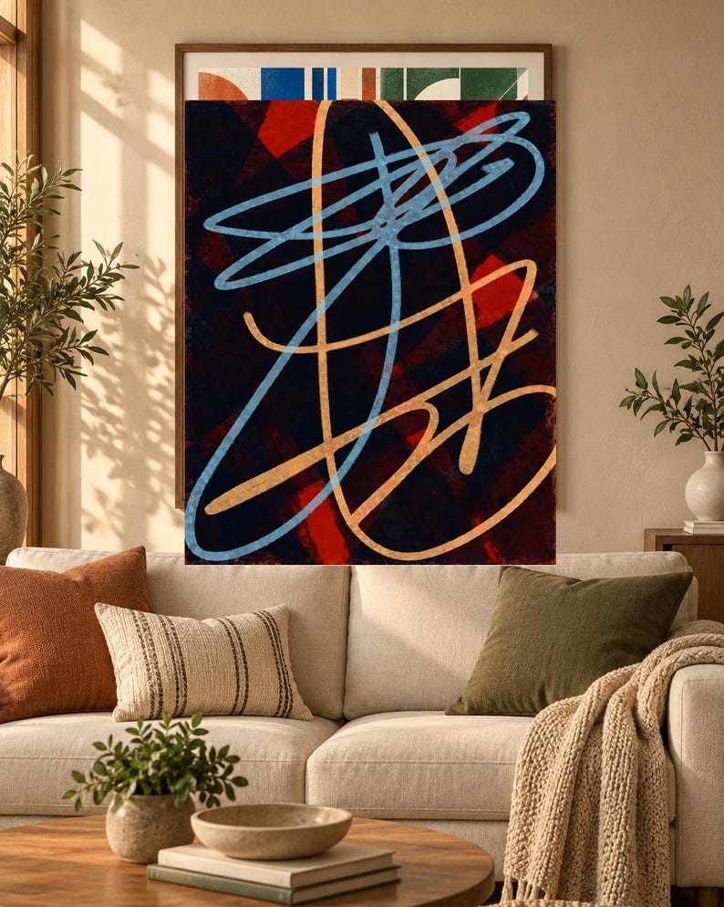 May include: A rectangular wall art piece featuring a dark background with a deep red geometric pattern. Overlaid are bold, sweeping hand-drawn lines in light blue and gold, creating an abstract composition within a thin wooden frame.