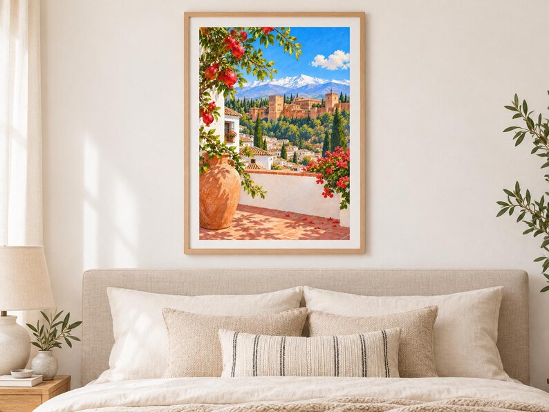 May include: A framed wall art print depicting a sunlit Mediterranean terrace with a large terracotta vase, a pomegranate tree with red fruit, and a view of a historic fortress complex set against snow-capped mountains under a bright blue sky.