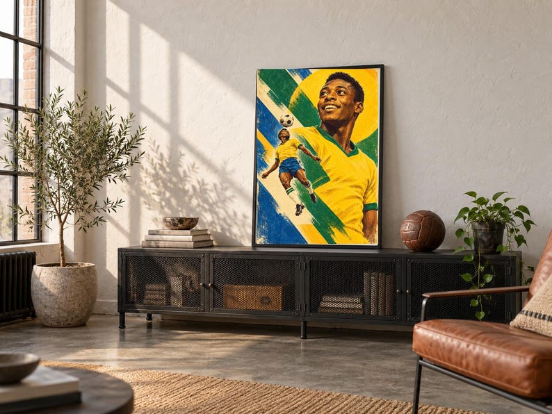May include: A framed vertical poster featuring a stylized illustration of a soccer player in a yellow and green jersey. The artwork depicts the player in a dynamic pose with a soccer ball, set against a vibrant yellow and blue background.