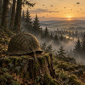 May include: A weathered olive drab military helmet with a camouflage net rests on a mossy tree stump. The background shows a misty forest landscape at sunset with numerous parachutists descending from the sky. The text reads Band of Brothers 2001.