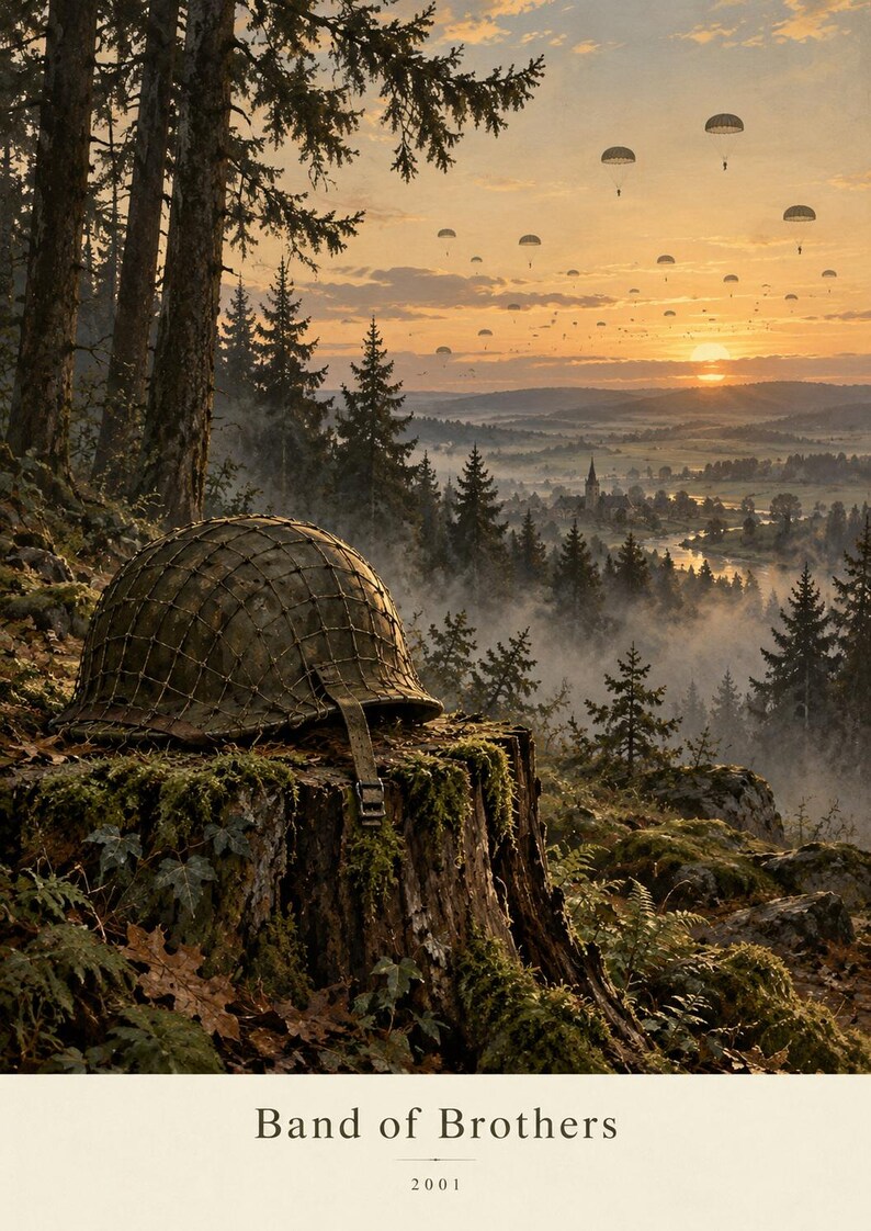 May include: A weathered olive drab military helmet with a camouflage net rests on a mossy tree stump. The background shows a misty forest landscape at sunset with numerous parachutists descending from the sky. The text reads Band of Brothers 2001.