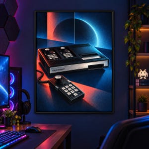 Op de afbeelding: Een ingelijste muurkunstprint met een zwarte ColecoVision-spelcomputer en een bijpassende bedrade controller. De console heeft een zilveren voorpaneel met de tekst ColecoVision. De achtergrond toont een gloeiend rood en blauw cirkelvormig licht.