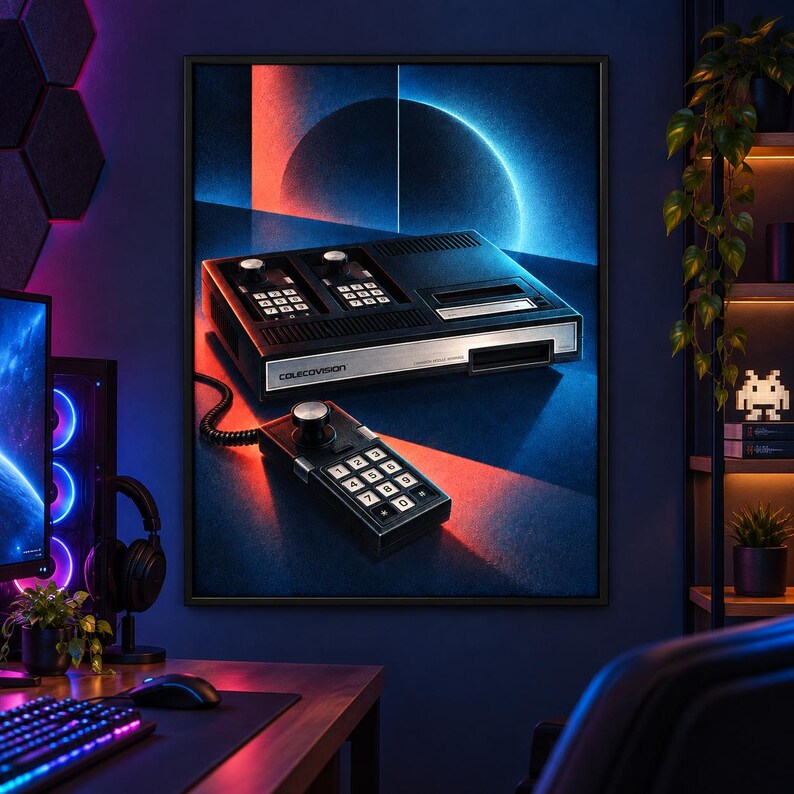 Op de afbeelding: Een ingelijste muurkunstprint met een zwarte ColecoVision-spelcomputer en een bijpassende bedrade controller. De console heeft een zilveren voorpaneel met de tekst ColecoVision. De achtergrond toont een gloeiend rood en blauw cirkelvormig licht.