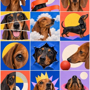 Puede incluir: Una cuadr&iacute;cula de doce paneles coloridos que muestran perros salchicha en diversas poses y entornos, incluyendo con gafas de sol azules, una corona de papel e interactuando con una pelota roja, nubes y formas geom&eacute;tricas sobre fondos vibrantes.