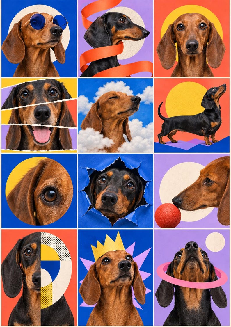 Puede incluir: Una cuadr&iacute;cula de doce paneles coloridos que muestran perros salchicha en diversas poses y entornos, incluyendo con gafas de sol azules, una corona de papel e interactuando con una pelota roja, nubes y formas geom&eacute;tricas sobre fondos vibrantes.