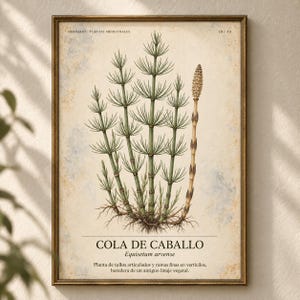 May include: A framed botanical print featuring a detailed illustration of a horsetail plant with green segmented stems and a single brown cone. The text reads HERBARIO PLANTAS MEDICINALES 18/40, COLA DE CABALLO, Equisetum arvense, and descriptive text.