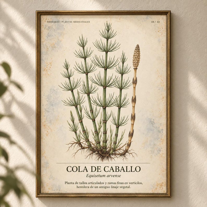 May include: A framed botanical print featuring a detailed illustration of a horsetail plant with green segmented stems and a single brown cone. The text reads HERBARIO PLANTAS MEDICINALES 18/40, COLA DE CABALLO, Equisetum arvense, and descriptive text.