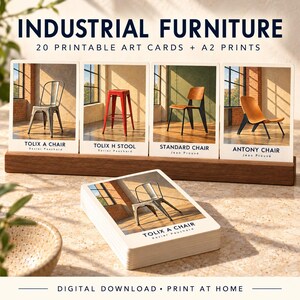 May include: A set of 20 printable art cards titled INDUSTRIAL FURNITURE featuring images of chairs and stools including the Tolix A Chair, Tolix H Stool, Standard Chair, and Antony Chair, displayed in a wooden stand with a stack of cards in front.