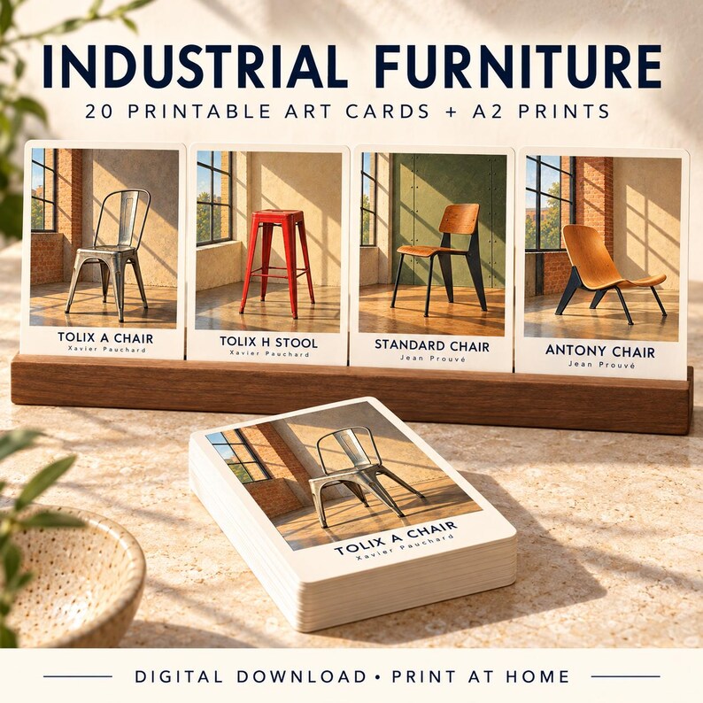 May include: A set of 20 printable art cards titled INDUSTRIAL FURNITURE featuring images of chairs and stools including the Tolix A Chair, Tolix H Stool, Standard Chair, and Antony Chair, displayed in a wooden stand with a stack of cards in front.