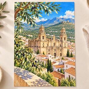 May include: A vertical print depicting a sunlit Mediterranean landscape with a large stone cathedral featuring two towers, surrounded by white buildings with terracotta roofs, set against mountains under a bright blue sky with olive branches.