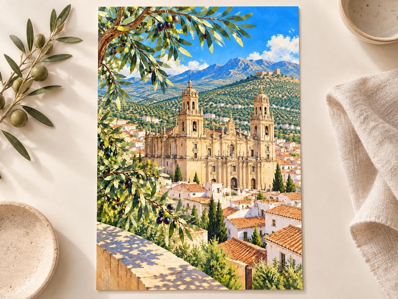 May include: A vertical print depicting a sunlit Mediterranean landscape with a large stone cathedral featuring two towers, surrounded by white buildings with terracotta roofs, set against mountains under a bright blue sky with olive branches.