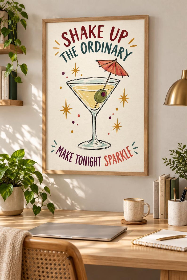 May include: A framed wall art print featuring a martini glass with an olive and a red cocktail umbrella. The text reads SHAKE UP THE ORDINARY and MAKE TONIGHT SPARKLE in red and dark green. The illustration includes yellow starbursts and dots.
