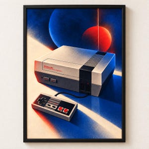 May include: A framed art print featuring a gray and black Nintendo Entertainment System console and a wired controller. The background displays a stylized cosmic scene with a large blue planet and a smaller red planet under a vertical light beam.