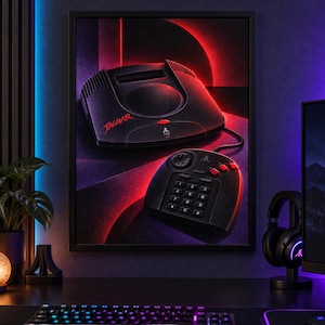 K&ouml;nnte beinhalten: Ein gerahmter Wandkunstdruck, der eine schwarze Atari Jaguar Videospielkonsole und den dazugeh&ouml;rigen Controller zeigt. Die Konsole tr&auml;gt das rote Jaguar-Logo und das Atari-Emblem. Der Hintergrund ist dunkel mit leuchtend roten Lichtakzenten.