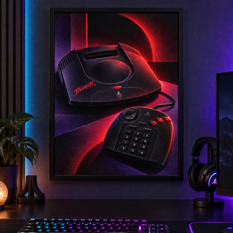 K&ouml;nnte beinhalten: Ein gerahmter Wandkunstdruck, der eine schwarze Atari Jaguar Videospielkonsole und den dazugeh&ouml;rigen Controller zeigt. Die Konsole tr&auml;gt das rote Jaguar-Logo und das Atari-Emblem. Der Hintergrund ist dunkel mit leuchtend roten Lichtakzenten.