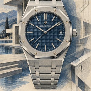 Op de afbeelding: Een zilverkleurig roestvrijstalen polshorloge met een blauwe, getextureerde wijzerplaat, voorzien van het AP-logo, de tekst Audemars Piguet en een datumvenster op de drie-uurpositie. Het horloge heeft een achthoekige lunette met acht schroeven en een schakelarmband.