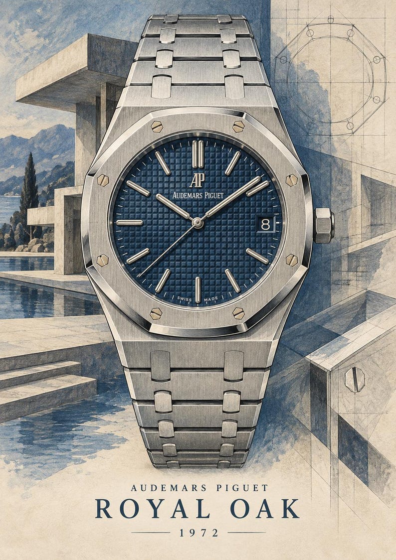 Op de afbeelding: Een zilverkleurig roestvrijstalen polshorloge met een blauwe, getextureerde wijzerplaat, voorzien van het AP-logo, de tekst Audemars Piguet en een datumvenster op de drie-uurpositie. Het horloge heeft een achthoekige lunette met acht schroeven en een schakelarmband.