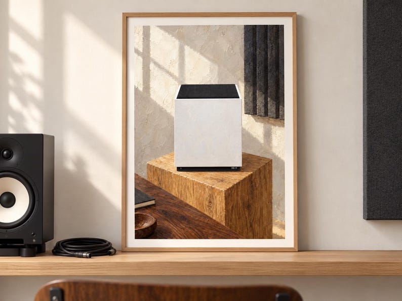 Op de afbeelding: Een ingelijste print met een witte kubusvormige luidspreker met een zwart bovenpaneel, geplaatst op een getextureerd houten blok. Het kunstwerk hangt aan een muur en toont een strakke, moderne esthetiek met neutrale tinten en lijnen.