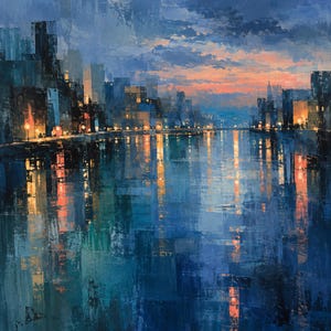 May include: An oil painting of a city skyline at twilight, featuring tall buildings in shades of deep blue and black. The scene includes a river reflecting warm orange and yellow lights from the city, with a sunset sky in hues of pink and blue.