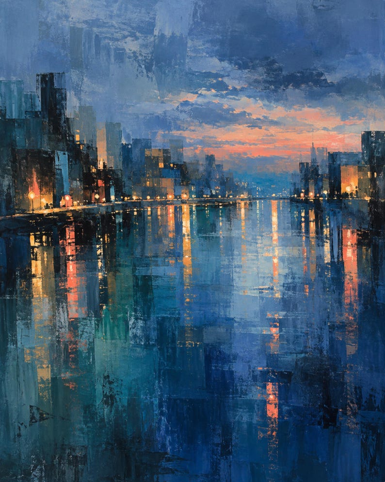 May include: An oil painting of a city skyline at twilight, featuring tall buildings in shades of deep blue and black. The scene includes a river reflecting warm orange and yellow lights from the city, with a sunset sky in hues of pink and blue.